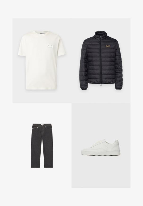 Chaqueta de pluma negra con un cuello alto, acolchado horizontal, cierre de cremallera y un logo dorado en el lado izquierdo del pecho. Tejido suave y ligero.; Camiseta de algodón blanca con cuello redondo y mangas cortas, que presenta un pequeño parche de logo rectangular en la esquina superior izquierda.; Jeans de mezclilla oscura con un diseño de pierna recta, estilo de cinco bolsillos, herrajes metálicos y una textura sutil; marca mínima en la cinturilla.; Zapatilla de cuero blanca con un acabado suave, puntera redonda, cordones planos y suela texturizada. Cuenta con un sutil logo en el talón.