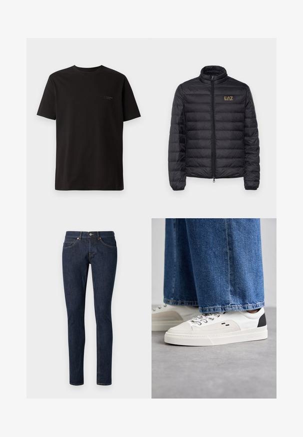 Schwarze Steppjacke mit hohem Kragen, horizontalen Nähten, Reißverschluss und goldenem Logo auf der linken Brust. Glattes, leichtes Material.; Schwarzes T-Shirt mit kurzen Ärmeln aus Baumwolle. Hat einen Rundhalsausschnitt und dezente Markenlogo auf der linken Brustseite. Glatte Textur.; Dunkelblaue Jeans aus Denim mit schlankem Schnitt, ausgestattet mit fünf Taschen, kontrastierendem orangefarbenem Nähen und einem Reißverschluss mit einem einzigen Knopfverschluss.; Weiße und schwarze Sneaker mit einem Obermaterial aus glattem Leder, strukturierten Akzenten und einer massiven weißen Sohle. Verfügt über ein klassisches Schnürdesign.