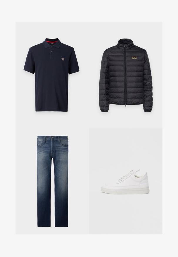 Doudoune noire avec un col montant, un matelassage horizontal, une fermeture à zip et un logo doré sur le côté gauche de la poitrine. Tissu lisse et léger.; Polo shirt marine en coton, avec un col traditionnel, une patte de boutonnage à trois boutons et un petit logo brodé sur la poitrine gauche.; Jean droit en denim bleu foncé. Comprend cinq poches, une fermeture éclair et un bouton. Texture légèrement décolorée au niveau des cuisses. Tissu en denim.; Baskets en cuir blanc avec un embout arrondi, une semelle plate et un laçage à l'avant. Présentent des détails de couture et un col rembourré pour plus de confort.