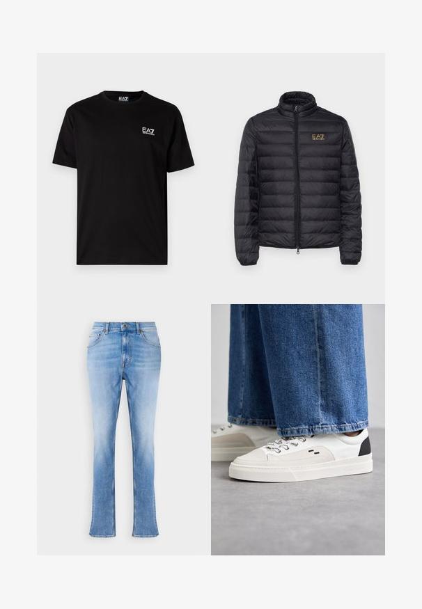 Zwarte pufferjack met hoge kraag, horizontale doorstikking, ritsluiting en een gouden logo op de linkerkant van de borst. Glad, lichtgewicht stof.; Zwarte katoenen t-shirt met korte mouwen, ronde hals en een klein wit EA7-logo op de linkerborst. Gladde textuur, normale pasvorm.; Lichtblauwe denim jeans met een recht model en iets uitlopende enkels. Heeft een klassiek vijf-pocket ontwerp en een messing knoopsluiting.; Witte en zwarte sneakers met een glad leren bovenwerk, textuuraccenten en een chunky witte zool. Heeft een klassiek vetersluiting ontwerp.