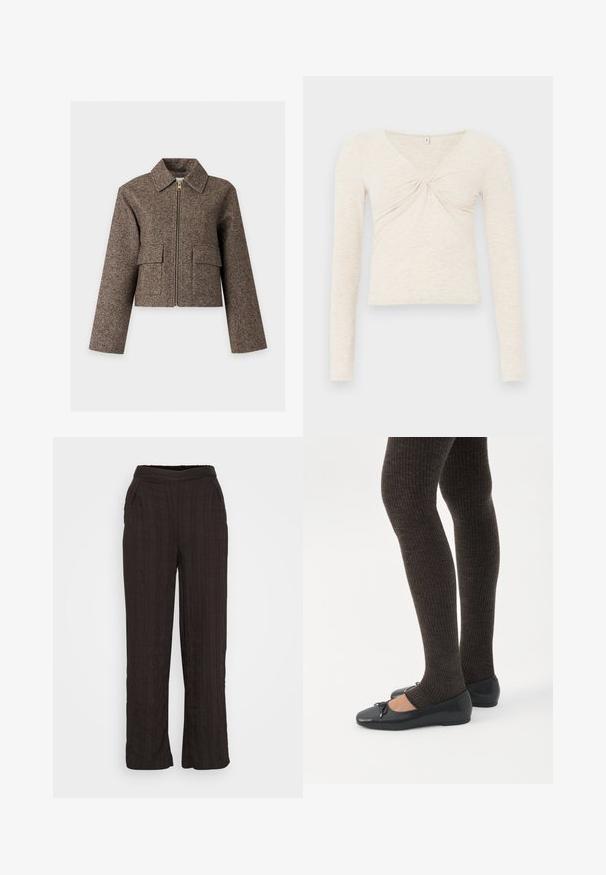 Veste en laine courte marron avec manches longues, fermeture éclair sur le devant, col pointu et deux poches à rabat sur fond uni.; Haut à manches longues crème en tissu doux et texturé. Doté d'un col en V et d'un détail torsadé au centre. Design court.; Pantalons larges noirs en tissu texturé avec un design plissé. Dotés d'une ceinture élastique et de poches latérales.; Jambes portant des leggings côtelés foncés associés à des ballerines noires avec de petits détails en nœud sur fond blanc.