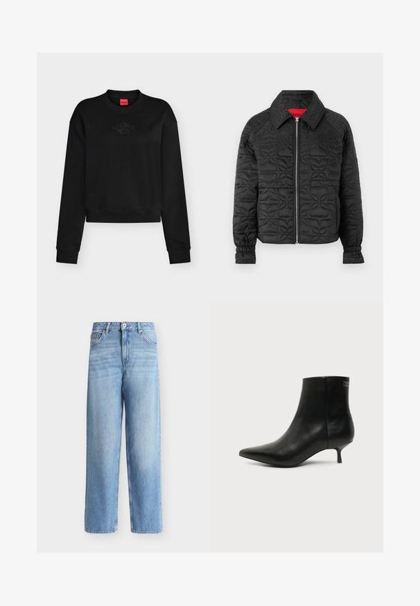 Veste noire matelassée avec fermeture éclair à l'avant, dotée d'un col, de poignets élastiques et de motifs floraux gaufrés sur l'ensemble. Étiquette intérieure rouge.; Sweat-shirt noir à manches longues col rond avec logo embossé subtil sur la poitrine et étiquette rouge à l’intérieur du col.; Jean bleu clair taille haute à jambes droites avec fermeture avant à boutons et zip, passants de ceinture et poches avant sur fond blanc.; Bottine en cuir noir avec bout pointu et petit talon kitten sur fond clair, vue côté extérieur.
