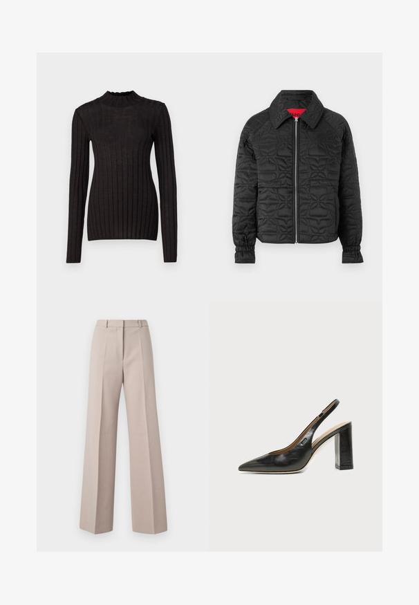 Veste noire matelassée avec fermeture éclair à l'avant, dotée d'un col, de poignets élastiques et de motifs floraux gaufrés sur l'ensemble. Étiquette intérieure rouge.; Pull noir à manches longues côtelé avec un col haut et volanté. Le tissu est lisse avec une silhouette ajustée et présente des rayures verticales.; Pantalons beige à jambes larges en tissu lisse, avec une taille haute, des plis avant et une silhouette ajustée.; Chaussure slingback en cuir noir à bout pointu avec un talon bloc et un petit logo sur le côté, sur un fond blanc uni.
