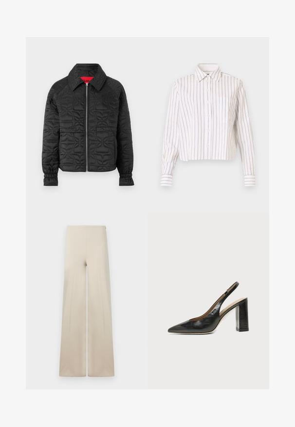 Veste noire matelassée avec fermeture éclair à l'avant, dotée d'un col, de poignets élastiques et de motifs floraux gaufrés sur l'ensemble. Étiquette intérieure rouge.; Chemise rayée blanche avec de fines rayures brunes. Elle a un col pointu, des manches longues et une poche poitrine. Longueur courte.; Pantalons amples beiges en tissu doux avec une texture lisse. Dotés d'une taille élastique haute pour le confort et d'un design épuré et minimaliste.; Chaussure slingback en cuir noir à bout pointu avec un talon bloc haut et une doublure intérieure beige sur un fond clair uni.
