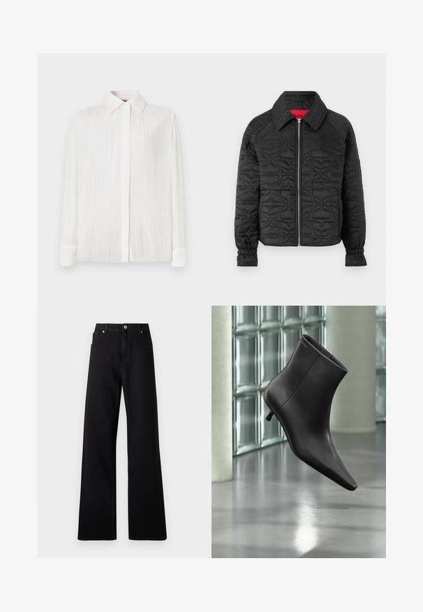 Veste noire matelassée avec fermeture éclair à l'avant, dotée d'un col, de poignets élastiques et de motifs floraux gaufrés sur l'ensemble. Étiquette intérieure rouge.; Chemise blanche plissée avec un col classique, des manches longues et une fermeture à boutons, présentant une texture douce et un léger brillant.; Jean large noir en denim avec un design à cinq poches, fermeture à bouton à l'avant et détails de couture subtils.; Bottine en cuir noir avec bout pointu et petit talon, présentée devant un mur en blocs de verre et un sol poli.