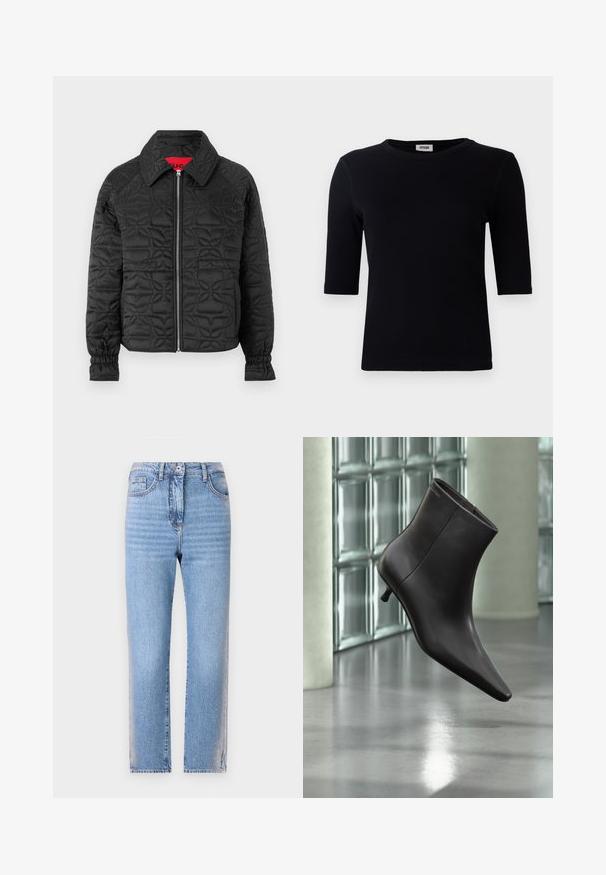 Veste noire matelassée avec fermeture éclair à l'avant, dotée d'un col, de poignets élastiques et de motifs floraux gaufrés sur l'ensemble. Étiquette intérieure rouge.; T-shirt noir à côtes avec un col rond et des manches trois-quarts. Le tissu a une texture lisse et une ligne d'ourlet droite. Pas de marque visible.; Jean en denim bleu clair avec une coupe droite, doté d'une fermeture à bouton et à zip, de cinq poches et d'une texture décolorée sur les jambes.; Bottine en cuir noir avec bout pointu et petit talon, présentée devant un mur en blocs de verre et un sol poli.