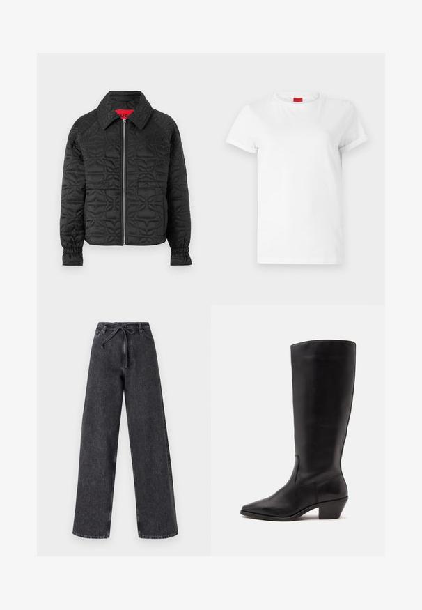 Veste noire matelassée avec fermeture éclair à l'avant, dotée d'un col, de poignets élastiques et de motifs floraux gaufrés sur l'ensemble. Étiquette intérieure rouge.; T-shirt blanc à manches courtes en coton léger. Présente un col rond et des manches retroussées. Étiquette logo rouge sur le col.; Jean en denim noir taille haute et jambes larges avec une fermeture à cordon. Présente une texture délavée et des détails de couture subtils.; Botte en cuir noire mi-mollet avec un bout pointu et un talon bas incliné sur un fond clair uni.
