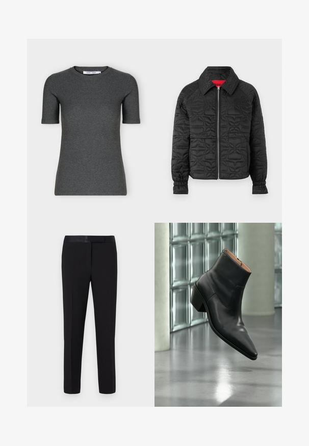 Veste noire matelassée avec fermeture éclair à l'avant, dotée d'un col, de poignets élastiques et de motifs floraux gaufrés sur l'ensemble. Étiquette intérieure rouge.; T-shirt tricoté gris foncé à manches courtes, col rond, coupe ajustée et design uni présenté sur fond blanc.; Pantalon noir avec une texture lisse, coupe droite et ceinture en satin. Présente des détails minimalistes et aucun motif ou accent visible.; Bottine en cuir noir avec un bout pointu et un talon carré lévitant au-dessus d'un sol gris réfléchissant près d'un mur en blocs de verre.