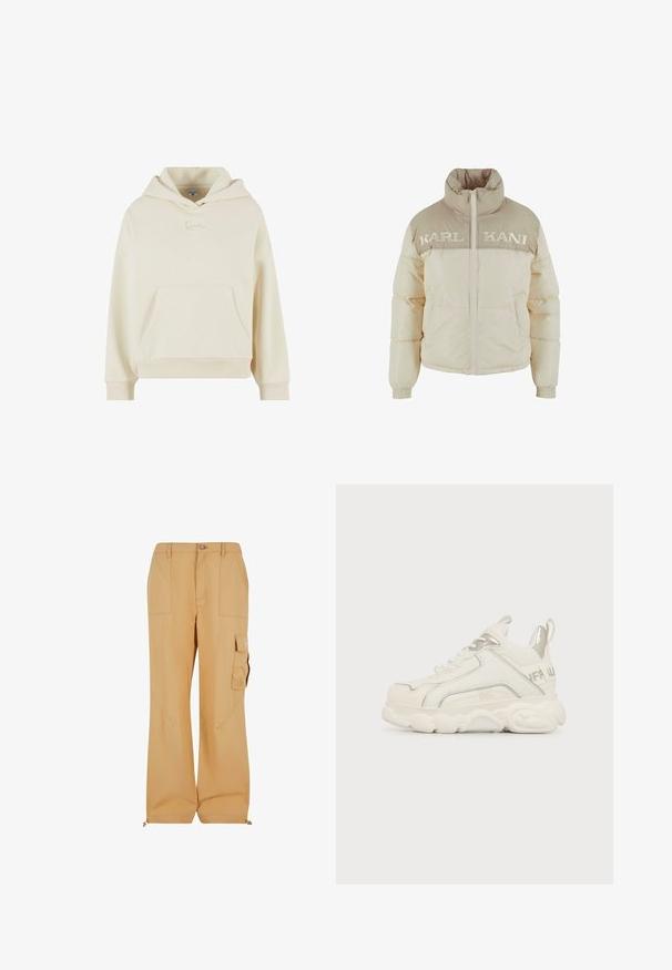 Pufferjakke i creme med beige detaljer. Høj krave, frontlynlås og broderet "KARL KANI" logo på brystet. Tekstureret stof.; Cremefarvet hættetrøje lavet af blødt stof. Har en frontlomme og en subtil broderet logo. Løs pasform med ribbede manchetter og kant.; Beige cargo bukser lavet af letvægtsmateriale, med knaplukning, sidelommer og justerbare benender for en afslappet pasform.; Hvid chunky sneaker med tyk sål, sølv detalje på hæl og side, snørebånd foran og trækstrop bagpå.