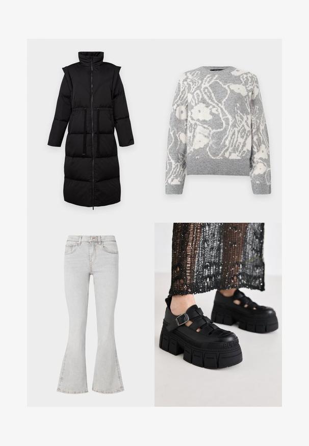 Sort pufferjakke med høj krave, fuld lynlås, snøre i taljen og quiltet mønster. Har lange ærmer og en mellemlang længde.; Grå strikket sweater med et hvidt blomstermønster, rund halsudskæring og ribbede manchetter og kant, fremstillet af blødt materiale.; Lys grå flared jeans med et klassisk fem-lomme design, slim fit gennem låret og flagrende nederste del ved anklen.; Sorte platform sandaler med et chunky design, der har brede stropper og en sidelås. Fremstillet af tekstureret gummi med et logodetalje.