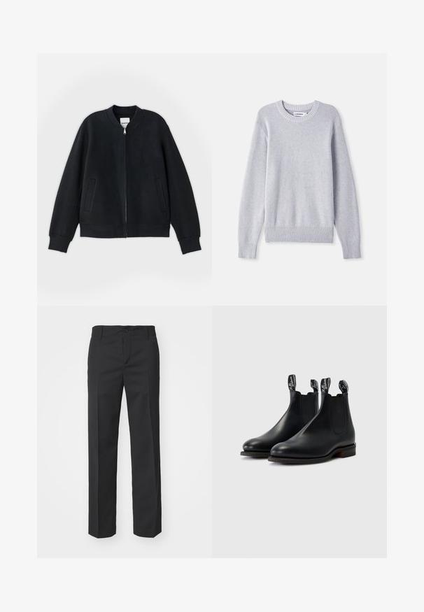 Sort bomberjakke lavet af struktureret stof, med lynlås foran, ribbede manchetter og to sidelommer. Enkel, minimalistisk design.; Lysegrå strikket sweater med rund halsudskæring, lange ærmer, ribbet manchetter og kant, prydet med et struktureret vævemønster hele vejen igennem.; Filippa K TROY TROUSERS - Bukser - black; Sorte læder chelsea støvler med elastiske sidepaneler, kontrasterende syninger og trækstænger med mærkets logo. Flade gummisåler.