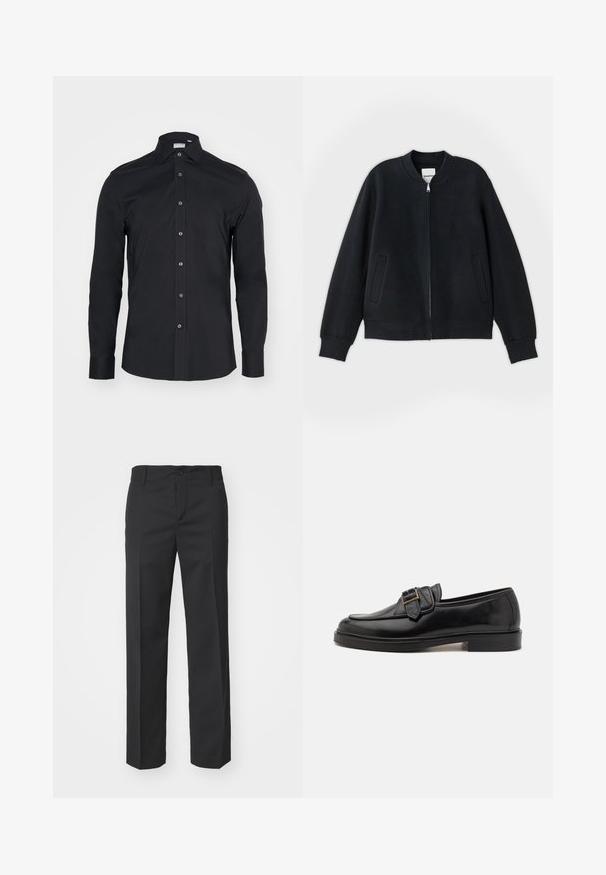 Sort bomberjakke lavet af struktureret stof, med lynlås foran, ribbede manchetter og to sidelommer. Enkel, minimalistisk design.; Sort langærmet skjorte med knapper og klassisk krave. Lavet af glat stof, har frontknapper og rundede manchetter.; Filippa K TROY TROUSERS - Bukser - black; Sorte læder loafers med rund tå og en dekorativ spændeaccent. Flad, solid hæl og glat tekstur hele vejen igennem.