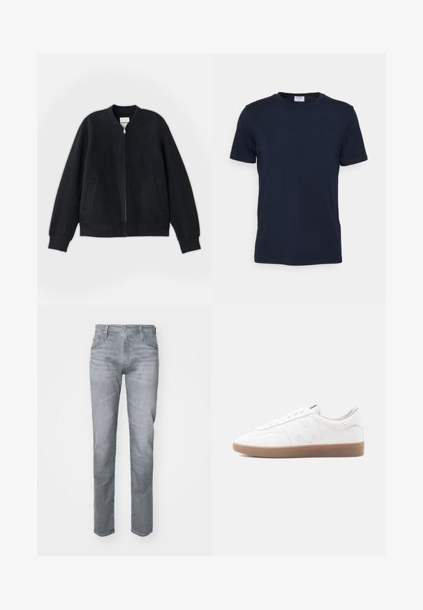 Must must jacket, mis tekstureeritud kangast, millel on tõmblukk ees, soonilised mansetid ja kaks külgtaskut. Lihtne, minimalistlik disain.; Tumesinine lühikeste varrukatega ümar kaelusega T-särk, mis on valmistatud pehmest kangast. Klassikaline lõige, kaeluses silt. Sujuv tekstuur, minimaalne disain.; Hallide denimi teksad, millel on sirge lõige, viie taskuga disain, vöökohad ja esine nupuga sulgur. Õrn tuhmumine tekstuuri jaoks.; Valged madalad tossud pruunikate kummipõhjaga, õmmeldud detailide ja nööritava kinnitusega, neutraalsel taustal.