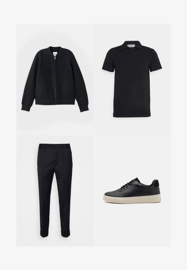 Must must jacket, mis tekstureeritud kangast, millel on tõmblukk ees, soonilised mansetid ja kaks külgtaskut. Lihtne, minimalistlik disain.; Mustal lühikeste varrukatega polo särk klassikalise kraega, valmistatud siledast kangast. Kaeluses on sildi näol brändinimi 'Filippa K'.; Mustad püksid kerge kangaga, elastse vöökoha, küljetaskute ja keeratud varrukaotsadega. Sile tekstuur esiplekkidega.; Must musta sisenemine mustast nahast, millel on kreemjas värvi kummitald, ümmargune nina ja paeltega disain, mida kaunistab must nubukist konts.