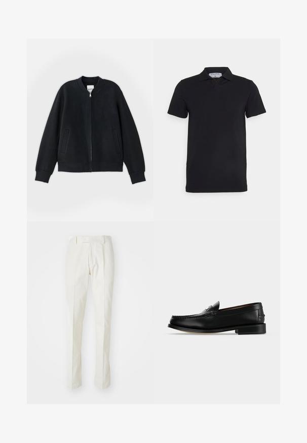 Sort bomberjakke lavet af struktureret stof, med lynlås foran, ribbede manchetter og to sidelommer. Enkel, minimalistisk design.; Sort kortærmet polo-shirt med klassisk krave, lavet af glat stof. Har et mærke med brandnavnet 'Filippa K' ved halsudskæringen.; Hvide bukser lavet af bomuld, med lige ben, flad front og uden synlige mønstre eller hardware. Glat tekstur.; Sort læder herre loafer med lav hæl og mokkasinsyning på tåen, vist fra siden på en ensfarvet baggrund.