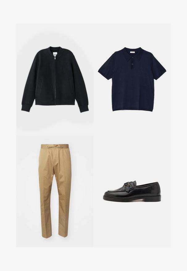 Sort bomberjakke lavet af struktureret stof, med lynlås foran, ribbede manchetter og to sidelommer. Enkel, minimalistisk design.; sandro Poloshirts - marine; Beige bukser med elastisk talje og justerbar snøre. Glat tekstur, lige ben og minimalistisk design.; Sorte læder loafers med rund tå og en dekorativ spændeaccent. Flad, solid hæl og glat tekstur hele vejen igennem.