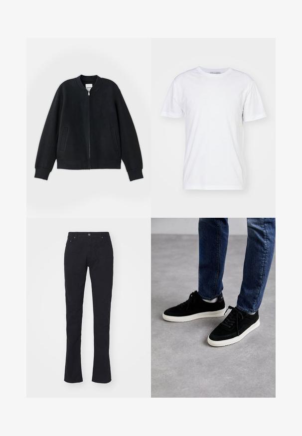 Must must jacket, mis tekstureeritud kangast, millel on tõmblukk ees, soonilised mansetid ja kaks külgtaskut. Lihtne, minimalistlik disain.; Valge puuvillane T-särk ümarate kaelustega, lühikeste varrukatega ja sirge lõikega. Ilma mustrite või kaunistusteta, sile tekstuur ja lihtne disain.; mustad puuvillased püksid sirge lõikega, nuppudega kinnitusega, kahe esipocketiga ja siledan tekstuuriga. Ilma mustrite ega aksessuaarideta.; Mustast nahast tennisetossud valge kummiseguga tallaga, klassikalise madala disainiga, ümarate varvastega ja lame mustade paeltega.
