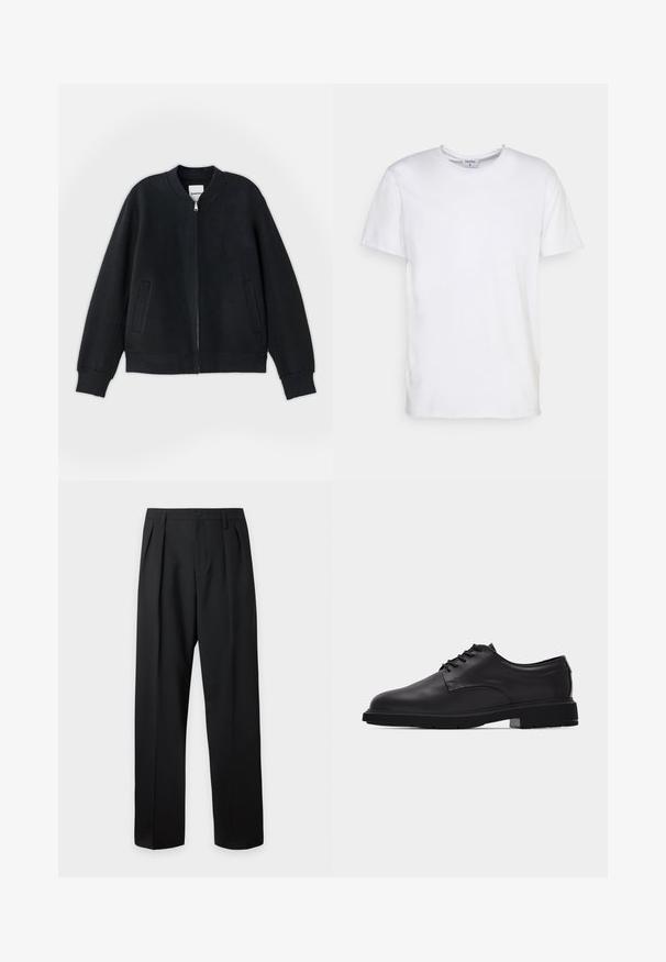 Sort bomberjakke lavet af struktureret stof, med lynlås foran, ribbede manchetter og to sidelommer. Enkel, minimalistisk design.; Hvid kortærmet t-shirt lavet af bomuld. Har en rund halsudskæring og en afslappet pasform uden synlige mønstre eller detaljer.; Sorte skræddersyede bukser med høj talje, bæltestropper, frontfolder, knaplukning og lige vide ben på en lys baggrund.; Sort herresko i læder med snørebånd, glat finish og tyk gummisål vist fra siden på hvid baggrund.