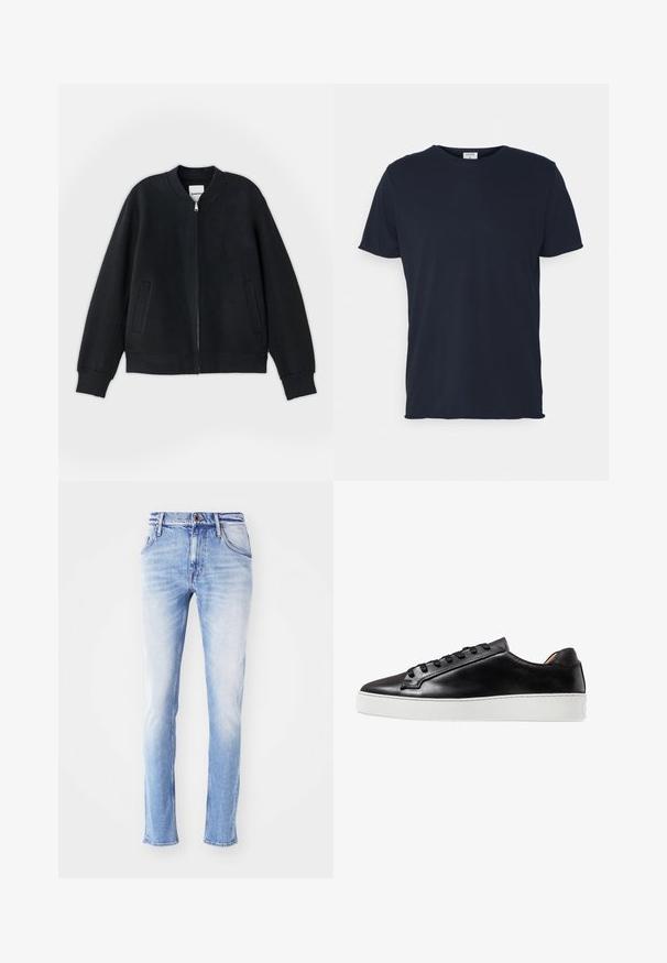 Čierna bomber bunda vyrobená z textúrovaného materiálu, so zapínaním na zips, pletenými manžetami a dvoma bočnými vreckami. Jednoduchý, minimalistický dizajn.; Námornícky modré bavlnené tričko s okrúhlym výstrihom a krátkymi rukávmi, s hladkou textúrou a jednoduchým dizajnom, bez viditeľných vzorov alebo akcentov.; Svetlomodré denim nohavice s vyblednutým povrchom, rovný strih, päť vreciek, pútka na opasok a uzáver na jedno gombík na páse.; Čierne kožené tenisky s hladkým povrchom, biele gumové podrážky, šnurovanie a minimalistické dizajnové akcenty.