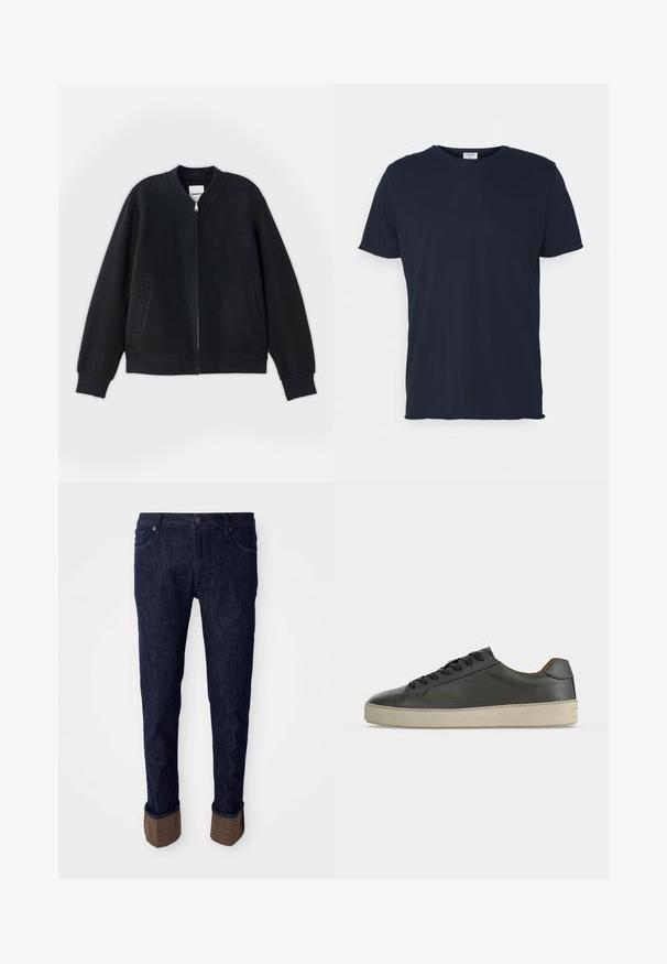 Čierna bomber bunda vyrobená z textúrovaného materiálu, so zapínaním na zips, pletenými manžetami a dvoma bočnými vreckami. Jednoduchý, minimalistický dizajn.; Námornícky modré bavlnené tričko s okrúhlym výstrihom a krátkymi rukávmi, s hladkou textúrou a jednoduchým dizajnom, bez viditeľných vzorov alebo akcentov.; Tmavomodré denimové nohavice so sviežim strihom, s rolovanými manžetami z textúrovaného hnedého materiálu s logom. Štandardný dizajn s piatimi vreckami.; Čierna nízka kožená teniska s čiernymi šnúrkami a krémovou gumovou podrážkou, pohľad z vonkajšej strany na bielom pozadí.