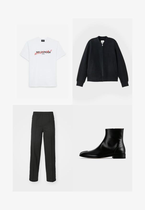 Sort bomberjakke lavet af struktureret stof, med lynlås foran, ribbede manchetter og to sidelommer. Enkel, minimalistisk design.; Hvid bomulds t-shirt med korte ærmer, som har et sort og koralfarvet grafisk print. Teksten lyder: "THE KOOPLES? HVA?" og "PARIS."; Sorte bukser lavet af strækbart stof, med lige snit, sidelommer med lynlås og en glat tekstur uden synlige mønstre.; Sort poleret læderankelstøvle med lav hæl og sidelås, slankt og glat design på en ensfarvet lys baggrund.