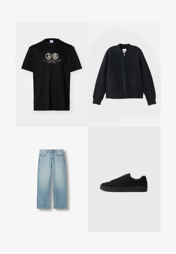 Čierna bomber bunda vyrobená z textúrovaného materiálu, so zapínaním na zips, pletenými manžetami a dvoma bočnými vreckami. Jednoduchý, minimalistický dizajn.; Čierne bavlnené tričko s dvoma grafickými symbolmi mieru a textom: "VÍTAME, BYTOSTI Z NAD VYRAZENOU ZEME" v multicolor tlači.; Svetlomodré rovné rifle s piatimi vreckami a zapínaním na gombíky, zobrazené na bielom pozadí.; Čierne semišové tenisky s plochou, textúrovanou podrážkou, zaoblenou špičkou, šiestimi očkami na šnúrky a minimalistickým dizajnom.