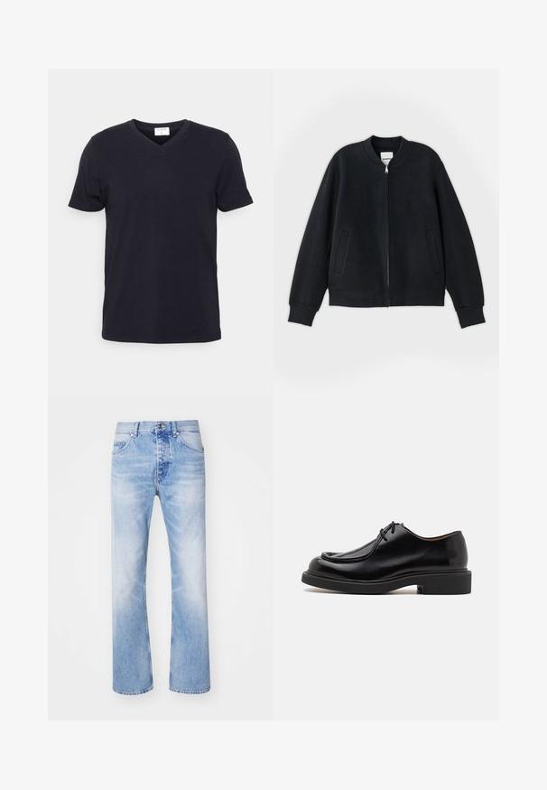 Sort bomberjakke lavet af struktureret stof, med lynlås foran, ribbede manchetter og to sidelommer. Enkel, minimalistisk design.; Sort v-hals t-shirt lavet af bomuld, med korte ærmer og en afslappet pasform. Enkel design, uden mønstre eller yderligere accenter.; Lyseblå denim jeans med et lige ben-design, der har en klassisk fem-lommer stil og et subtilt falmet mønster.; Sort lædersko med en rund tå, stikninger, minimale snørebånd og en tyk gummisål for greb og holdbarhed.