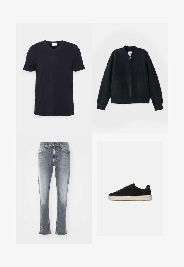 Must must jacket, mis tekstureeritud kangast, millel on tõmblukk ees, soonilised mansetid ja kaks külgtaskut. Lihtne, minimalistlik disain.; Musthave musterniga musterniga lühikeste varrukatega vöötkesega must puuvillane t-särk, millel on vabam lõige. Lihtne disain, ilma mustrite või lisakaunistusteta.; Halli denim teksad kitsas lõikega, narmastega alläär ja viis taskut. Omab klassikalist nööbi ja tõmbluku sulgemist. Pehme tekstuur ja pleekinud värvitoon.; Mustast seemisest madala lõuaga toss, mustade paelte ja valge kummist tallaga, külgvaade ühevärvilisel heledal hallil taustal.