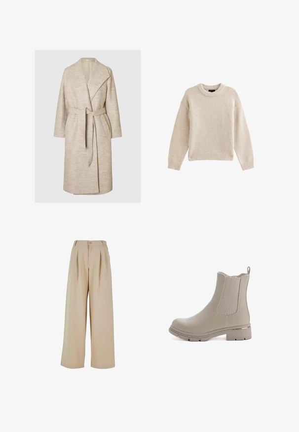 Beige wollen knielange jas met brede revers, lange mouwen, twee voorzakken en een bijpassende riem die om de taille is geknoopt.; Beige gebreide trui met een ronde halslijn, lange mouwen en geribbelde zoom. Gelaagd stof met een zachte uitstraling. Eenvoudig en veelzijdig ontwerp.; Beige wijde broek met geplooide voorkant, knoopsluiting en een gladde textuur. Kenmerkt zich door een op maat gemaakte tailleband en zijzakken.; Beige enkelboot met een gladde leren afwerking en elastische zijpanelen. Heeft een chunky zool en een gouden accent op de hak.