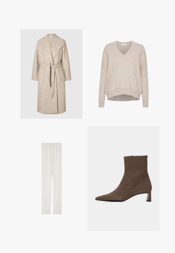 Beige villakangas midipitkä takki leveillä kielillä, pitkät hihat, kaksi etutaskua ja sopiva vyö kiinnitetty vyötärölle.; Beige v-paita, jossa on laskeutuvat olkapäät, pitkät hihat ja rento istuvuus. Pehmeä, teksturoitu kangas, jossa on hieman lyhyempi helma.; American Vintage JOGGING - Verryttelyhousut - gris chine; Ruskeat mokkanahkaiset nilkkurit, joissa on terävä kärki, sivuvetoketju ja matala lohkokorko vaalealla yksivärisellä taustalla.