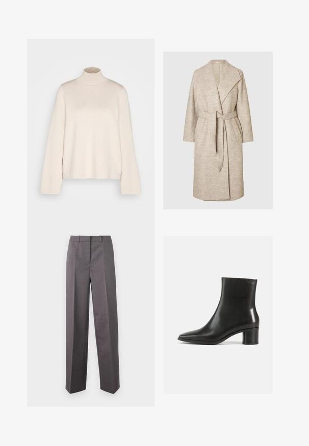 Beige knælang uldfrakke med brede revers, lange ærmer, to frontlommer og et matchende bælte bundet om taljen.; Cremefarvet højhalset sweater med lange ærmer, lavet af blødt strikket stof. Har en tætsiddende krave og en afslappet silhuet. Ingen synlige mønstre eller detaljer.; Grå skræddersyede bukser lavet af struktureret stof, med lige ben, flad front og bæltestropper.; Sort læderankelstøvle med spids tå og en mellemhøj blokhælk. Glat tekstur og minimalistisk design. Ingen synligt hardware.