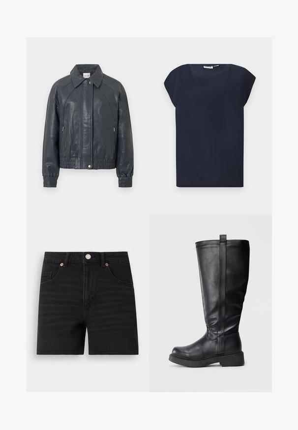 Chaqueta de cuero gris oscuro con cuello, bolsillos con cremallera y puños elásticos. Acabado texturizado con un diseño ligeramente cropped.; Camisa azul marino oscuro de manga corta con escote redondo, presentada en plano sobre fondo gris claro.; Pantalones cortos de denim negro con cierre de botones en la parte delantera, trabillas para cinturón, dos bolsillos delanteros y un pequeño bolsillo para monedas, mostrados planos sobre un fondo blanco.; Botas negras hasta la rodilla hechas de cuero liso, con punta redondeada, suela plana y un detalle de costura vertical a lo largo del lateral.