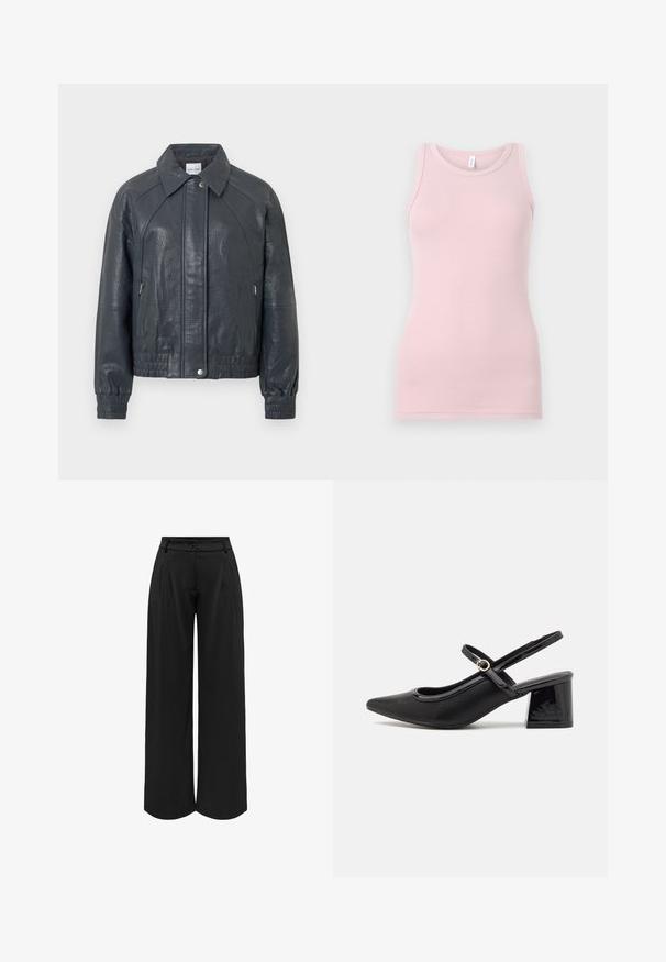Veste en cuir gris foncé avec col, poches zippées et poignets élastiques. Fini texturé avec une coupe légèrement courte.; Débardeur rose clair en tissu doux et extensible. Il présente un col rond et des bretelles étroites, avec une texture lisse et une coupe ajustée.; Pantalons larges noirs avec une taille ajustée, plis plats à l'avant et fermeture à bouton. Fabriqués dans un matériau fluide, présentant une texture lisse.; Escarpins slingback en cuir verni noir avec un embout pointu, un design à découpes arrondies et un talon carré. Présente un accent de boucle en ton doré.