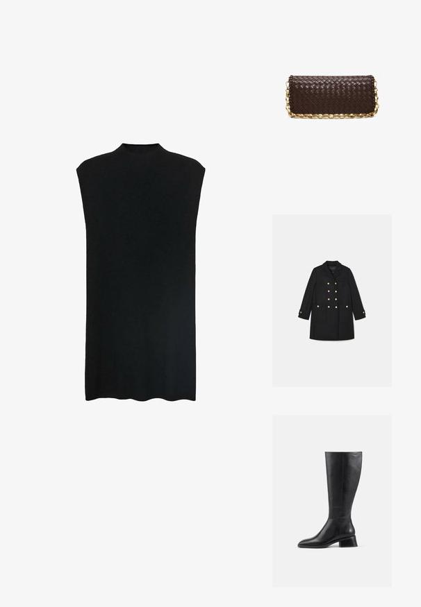 Musta villasekoite takki, jossa on kaksirivinen etuosa, kultasävyiset napit, lovettu kaulus ja sivutaskut. Ominaisuuksiin kuuluvat pitkät hihat ja muotoiltu leikkaus.; Mustava sleeveless tunika, jossa on korkea kaula-aukko, pehmeä kangas, väljä malli ja suora siluetti. Helmassa on hieman kaareva muoto alhaalla.; Musta nahkainen saapas polven korkeudelle, jossa on pyöreä kärki ja matala lohkokorko. Ominaisuuksiin kuuluu sileä pinta ja vähäinen ompelu yksityiskohtana.; Tummanruskea punottu nahkainen clutch-käsilaukku kullanvärisellä ketjuhihnalla, suorakulmainen muoto ja napsautuskiinnikkeet molemmilla sivuilla.