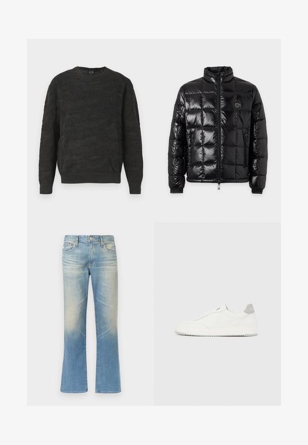 Veste matelassée noire brillante avec col montant, fermeture éclair à l'avant, poches latérales zippées et écusson rond avec logo sur la poitrine.; Pull noir tricoté avec un motif en zigzag texturé, encolure ronde et manches longues. Le tissu présente une texture douce et respirante.; Jean évasé en denim bleu clair avec une finition délavée, design à cinq poches, fermeture par bouton en métal et ourlets droits.; Baskets basses blanches avec un onglet de talon gris, des lacets blancs et une semelle texturée, présentées sur un fond uni clair.