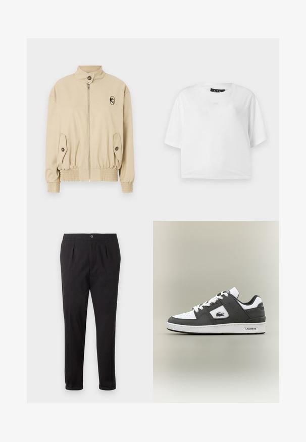 Beige bomberjack met een hoge kraag, een ritssluiting aan de voorkant, elastische manchetten en twee zijzakken met knoopsluitingen. Inclusief een logodetail.; Witte cropped t-shirt van katoen, met een ronde hals en korte mouwen. Subtiele, verhoogde logo op de voorkant. Gladde textuur.; Zwarte op maat gemaakte broek met voorplooien, knoopsluiting en omslagzomen tegen een witte achtergrond.; Zwart-witte Lacoste sneaker met witte veters, geperforeerde neus, krokodillogo aan de zijkant en merksol op een neutrale achtergrond.