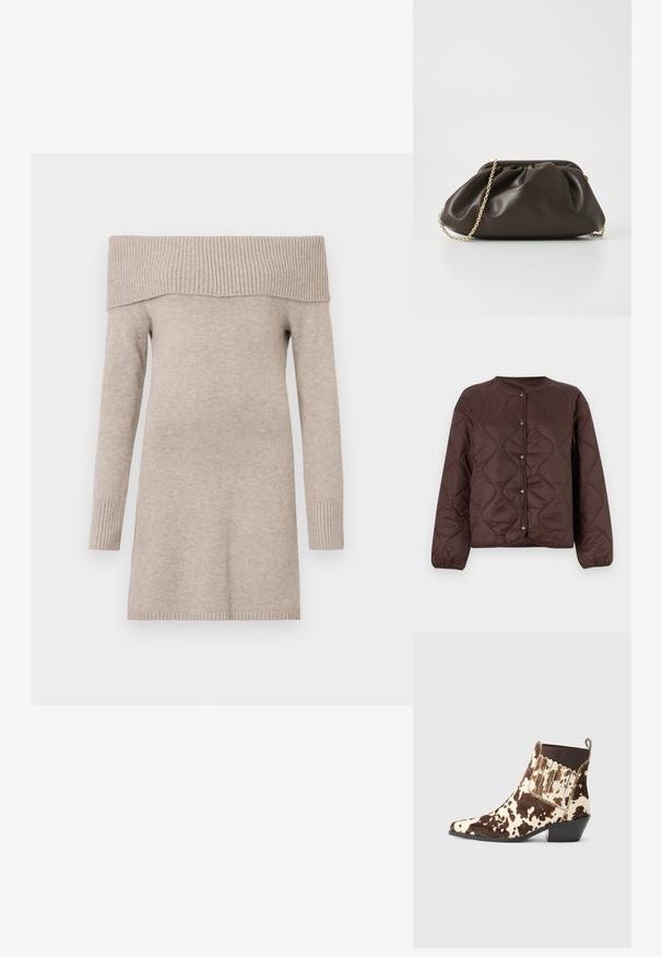Bruine doorgestikte jas met knopen, lange mouwen en een ronde halslijn, met golfpatroon stiksel en elastische manchetten.; Beige off-shoulder trui, gebreide textuur, lange mouwen, geribbelde halslijn en boorden, lengte tot halverwege de dijen, gladde stofafwerking.; Cowboystijl enkelbotten gemaakt van bruin en crèmekleurig vacht, met een spitse neus, lage hak en ribbelaccent aan de zijkanten.; Bruine leren handtas met een geaccentueerd ontwerp, gouden kettinghengsel en een zachte, textuurafwerking. Compacte vorm geschikt voor avondgebruik.