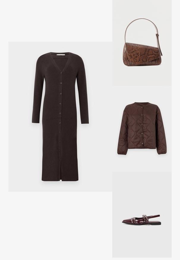 Veste boutonnée matelassée marron avec manches longues et encolure ronde, présentant des coutures en motif ondulé et des poignets élastiques.; Cardigan long, marron foncé, côtelé, avec un col en V, des manches longues et une fermeture à boutons sur le devant avec 7 boutons. Longueur mi-mollet.; Chaussure plate slingback en cuir verni bordeaux avec un bout pointu, présentant des lanières décoratives avec des accents métalliques.; Sac à bandoulière en cuir à motif peau de serpent marron avec une fermeture à rabat et une seule bandoulière réglable, sur un fond uni.
