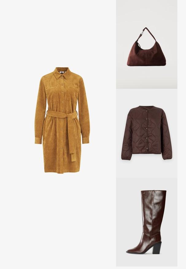 Chaqueta marrón acolchada con botones, mangas largas y escote redondo, con costuras en patrón de ondas y puños elásticos.; Vestido camisero de corduroy mostaza con mangas largas, botonera frontal, dos bolsillos en el pecho, cintura ajustada con cinturón y textura de canalé vertical.; Bota alta de cuero marrón oscuro con punta afilada y tacón bloque apilado, mostrada de lado sobre un fondo liso.; Bolso de hombro de ante marrón suave con una sola correa y herrajes de metal plateado sobre un fondo claro y liso.