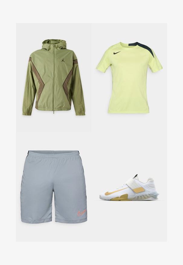 Veste à capuche vert clair avec des accents angulaires marron sur les manches et les côtés, fermeture éclair à l'avant, poignets élastiques et petit logo sur la poitrine gauche.; T-shirt de sport Nike à manches courtes de couleur jaune vif avec des accents noirs sur les épaules. Tissu lisse et léger avec une coupe ajustée.; Shorts de sport gris clair avec des panneaux latéraux noirs, une taille élastique et un ourlet en maille texturée. Présente un logo Nike orange sur la jambe gauche.; Baskets blanches avec des accents dorés, dessus en mailles texturées, col rembourré et semelle en caoutchouc transparent ; elles possèdent une large sangle à mi-pied.