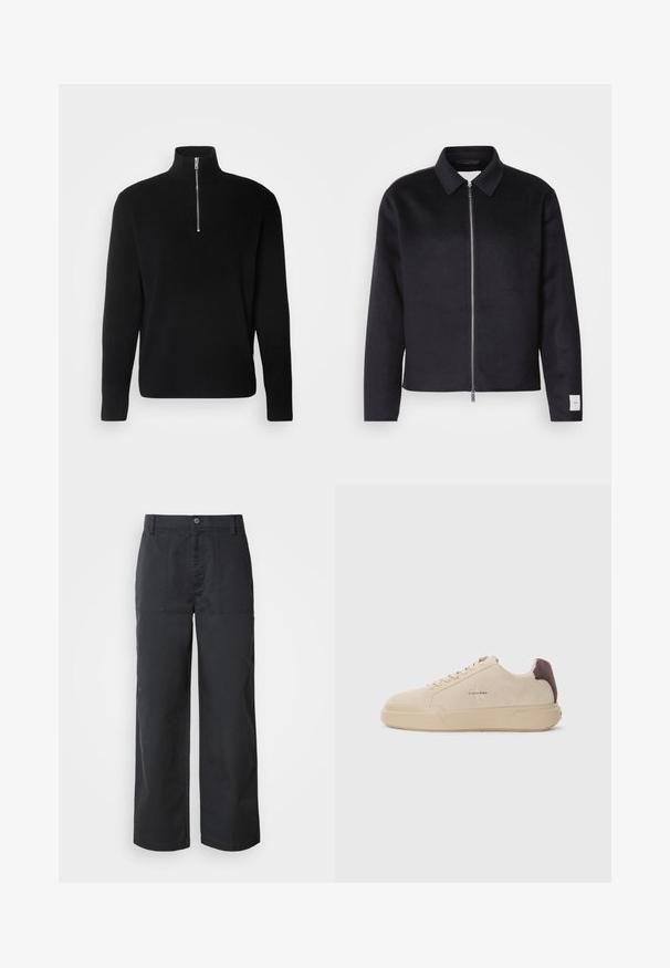 Zwarte jas met een kraag, vooraan met ritsluiting en een vierkante snit. Gemaakt van zacht materiaal, met een klein label op de linker mouw.; Lindbergh HALF ZIP RIB KNIT - Trui - black; Wijde broekspijpen in donkerblauwe katoenen stof, voorzien van voorzakken met klep en een knoopsluiting. Soepele textuur met een minimalistisch ontwerp.; Beige suède sneakers met een ronde neus, vetersluiting aan de voorkant en een bruine suède accent op de hiel. Beschikt over een gestructureerde rubberen zool.