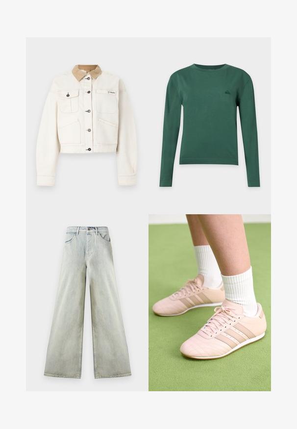 Veste crème boutonnée avec col en velours côtelé marron clair, quatre poches avant et logo Columbia sur le côté droit supérieur de la poitrine.; T-shirt à manches longues vert foncé, col rond, avec petit logo ton sur ton sur la poitrine gauche, présenté sur un fond gris clair uni.; Jean en denim à taille haute, coupe large et lavage clair, doté de poches avant, passants pour ceinture et une fermeture par bouton brun à la taille.; Baskets de sport rose clair avec des coutures en diagonale, semelles blanches et trois rayures latérales. Portées avec des chaussettes blanches à côtes sur une surface verte.