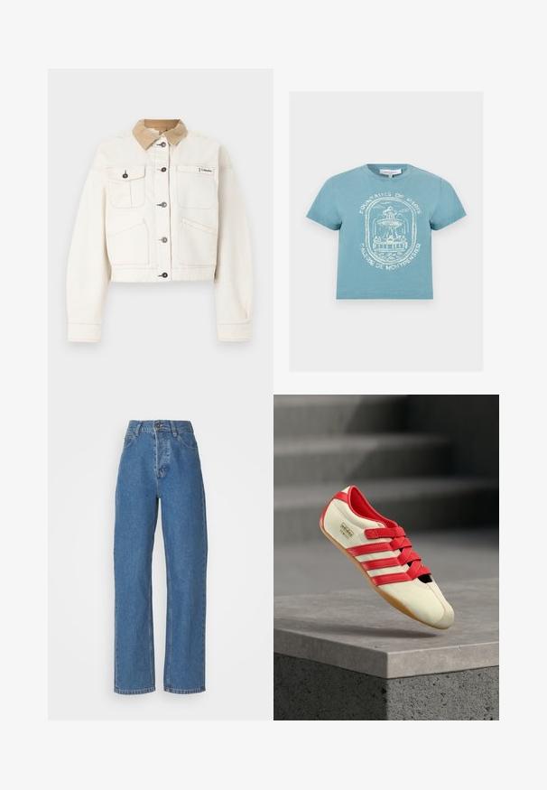 Crèmekleurig jack met knopen, met een beige corduroy kraag, vier zakken aan de voorkant en het Columbia-logo op de rechterbovenkant van de borst.; Lichtblauw T-shirt met korte mouwen met een witte schets van een fontein in Parijs en de tekst "Fountains of Paris Galerie de Montpensier" op de voorkant.; Hoge taille, rechte blauwjeans met een vervaagde afwerking. Heeft vijf zakken, een knoopsluiting en subtiele stikdetails.; Rode en crèmekleurige sportschoen met drie rode strepen, een zachte bovenzijde, rubberen zool en klittenbandsluitingen. Heeft een gestroomlijnd, laag profiel ontwerp.