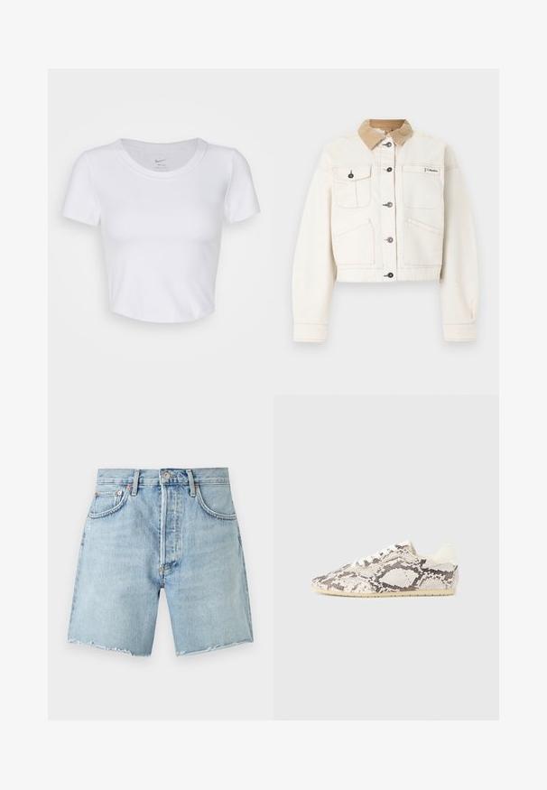 Cremefarbene Jacke mit Knopfleiste, hellbraunem Cordkragen, vier vorderen Taschen und Columbia-Logo auf der oberen rechten Brust.; Weißes, kurzärmeliges Cropped-Top aus glattem, synthetischem Material. Hat einen runden Halsausschnitt und ein Nike-Logo im Kragen.; Hellblaue Denim-Shorts mit ausgefransten Säumen, vorderem Knopf, Reißverschluss, Gürtelschlaufen und Vordertaschen auf einfarbigem Hintergrund.; Python-Print-Sneaker in Beige- und Brauntönen mit glatter Textur, kontrastierenden weißen Schnürsenkeln und flacher Gummisohle.