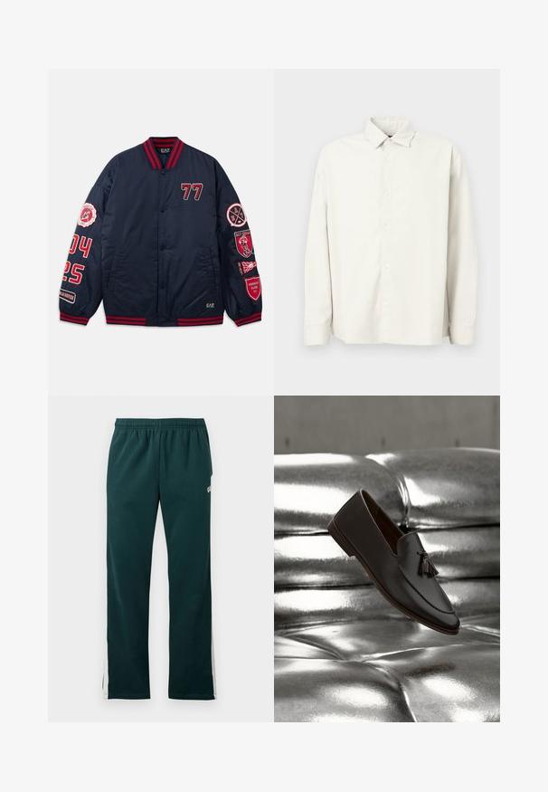 Marine bomberjack met rode accenten. Voorzien van geborduurde cijfers en patches op de mouwen. Ribbelkraag en -manchetten. Glad, glanzend materiaal.; Lichtbeige overhemd met lange mouwen en knopen, gemaakt van textuurstof, met een standaard kraag, verticale strepen en een rechte zoom.; Donkergroene joggingbroek met elastische tailleband en witte strepen die langs de buitenzijden van de benen lopen.; Donkerbruine leren loafer met kwastje die zweeft boven een glanzende zilveren bank met gestept oppervlak en reflecterende eigenschappen.