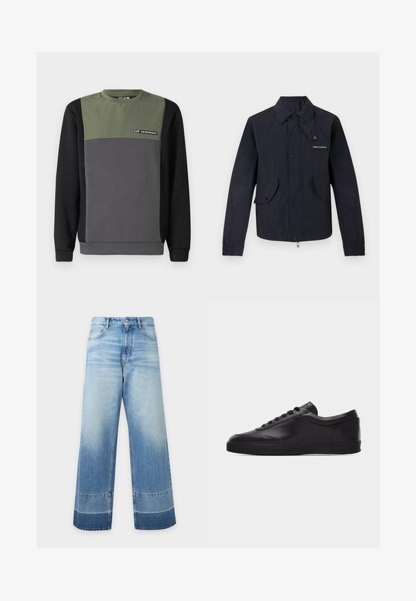 Schwarze leichte Jacke mit Druckknöpfen vorne, zwei Klappentaschen, elastischen Bündchen und kleinem "Armani Exchange"-Logo auf der Brust.; Sweatshirt in Blockfarben: oberer Bereich in dunkelgrün, mittlerer Bereich in grau und unterer Bereich in schwarz. Mit langen Ärmeln und Rundhalsausschnitt sowie einem Logo-Detail.; Weit geschnittene hellblaue Denim-Jeans mit ausgewaschenen Details und dunkleren Farbstreifen nahe dem Saum, vorderer Knopf und sichtbare Taschen.; Schwarzer flacher Leder-Sneaker mit Schnürung vorne und flacher Gummisohle, seitlich auf einem schlichten weißen Hintergrund gezeigt.