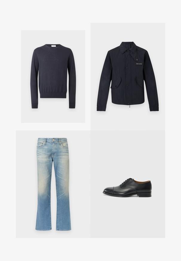 Veste noire légère avec boutons-pression à l'avant, deux poches à rabat, poignets élastiques, et petit logo "Armani Exchange" sur la poitrine.; Pull bleu marine à manches longues avec col rond et bords-côtes aux poignets et à l'ourlet sur un fond uni clair.; Jean évasé en denim bleu clair avec une finition délavée, design à cinq poches, fermeture par bouton en métal et ourlets droits.; Chaussure habillée en cuir noir avec une finition lisse, bout arrondi, cinq œillets pour les lacets et un petit talon carré. Design minimaliste avec des coutures discrètes.