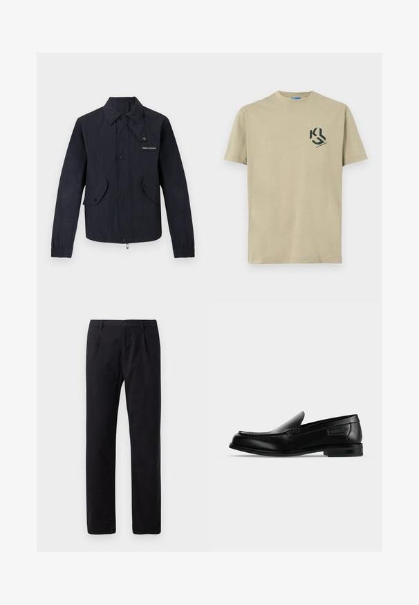 Must kerge jope ees tõmblukuga, kahe taskuklapiga, elastsete mansettidega ja väikese "Armani Exchange" logoga rinnal.; Helebež tõmblukuga puuvillane T-särk lühikeste varrukatega ja ümmarguse kaelusega, millel on must graafiline logo vasakul rinnaosal.; Mustadest puuvillasegustest pükstest, millel on klassikaline sirge jalg, nupulukk ja ilma nähtavate mustrite või kaunistusteta.; Mustast nahast libisev loafers madala kontsaga, ümar nina ja dekoratiivse õmblusega üleval serval.
