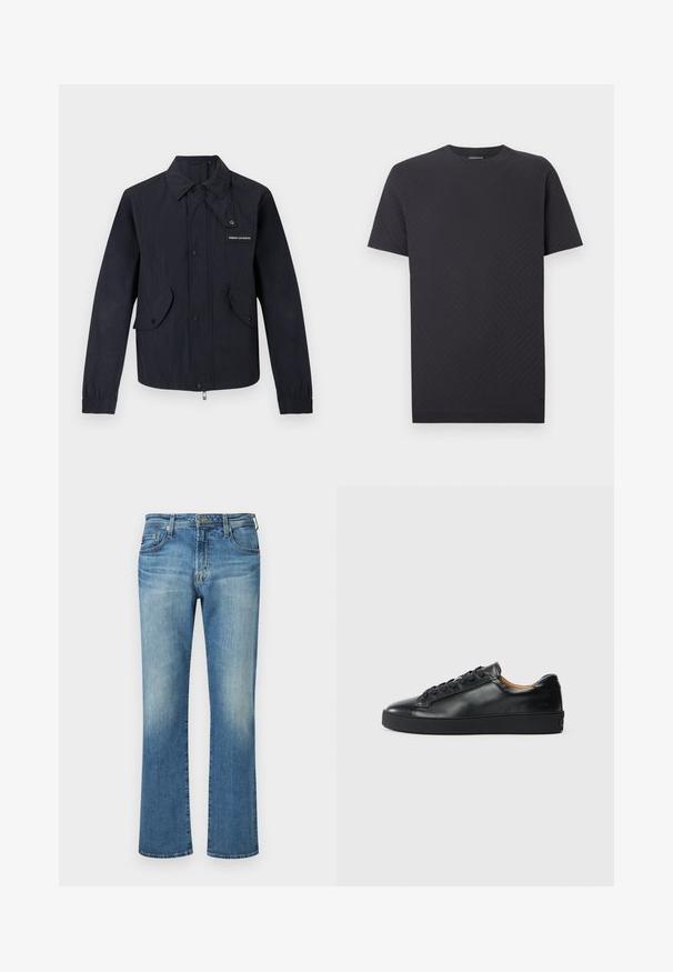 Veste noire légère avec boutons-pression à l'avant, deux poches à rabat, poignets élastiques, et petit logo "Armani Exchange" sur la poitrine.; T-shirt noir à manches courtes avec un motif en zigzag texturé, un col rond et une coupe droite. Confectionné dans un tissu doux et léger.; Pantalon en denim bleu, design à jambe droite avec un délavage, présentant un style classique à cinq poches et des accents en métal.; Baskets en cuir noir avec une texture lisse, bout rond et fermeture à lacets. Comprend une semelle en caoutchouc épaisse et un minimum de détails de marque.