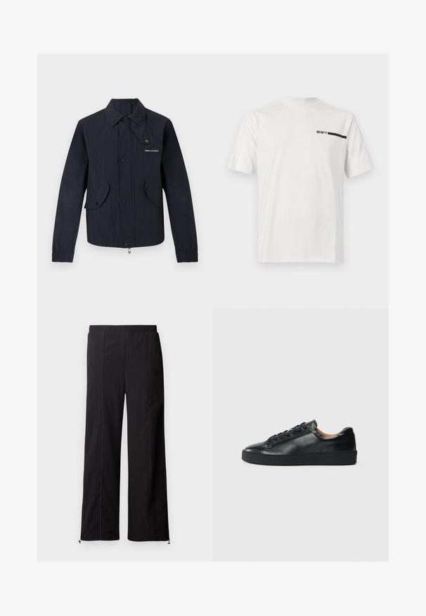 Must kerge jope ees tõmblukuga, kahe taskuklapiga, elastsete mansettidega ja väikese "Armani Exchange" logoga rinnal.; Valge lühikeste varrukatega T-särk musta "ea7" logoga ja horisontaalse triibuga vasaku ülakõhu piirkonnas, varrukatel võrkdetailidega.; Mustad laiad püksid, millel on sile tekstuur, elastne vöökoht ja nöörkinnitused pahkluude juures. Omab kontrastsete õmbluste detaili.; Musthave nahkast kingad sujuva tekstuuriga, ümara toe jastringsidega sulgemisega. Omab paksu kummist tallat ja minimaalset brändi detaili.